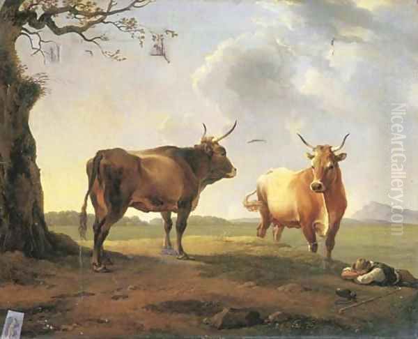 An extensive Italianate landscape at dusk with a shepherd sleeping beside a bull and a cow Oil Painting by Hendrik Voogd