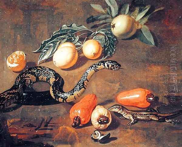 Still Life of Fruits from Surinam and Reptiles Oil Painting by Dirk Valkenburg