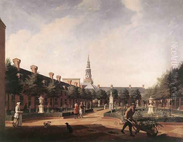 The Courtyard of the Proveniershof c. 1735 Oil Painting by Vincent Laurensz van der Vinne II