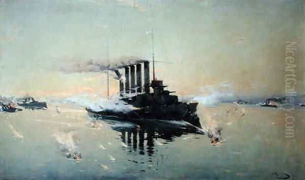 Cruiser Askold fighting on July 28th 1904 in the Yellow Sea, 1906 Oil Painting by Konstantin Veshchilov