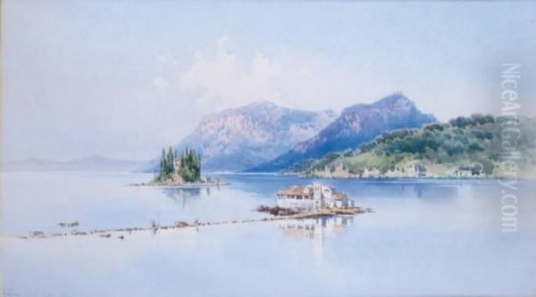 Corfou, Le Cloitre De Vlacherna Et L'ile De Pontikonissi Oil Painting by Angelos Giallina