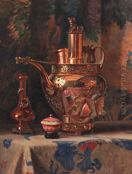 A still life with a Chinese brass kettle Oil Painting by Hubert Vos