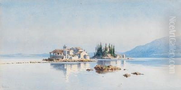 Die Klosterinsel Vlacherna Und Die Mauseinsel Pontikonissi Bei Korfu Oil Painting by Angelos Giallina