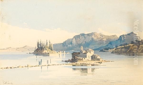 The Islands Of Pontikonissi And Vlacherna, Corfu Oil Painting by Angelos Giallina