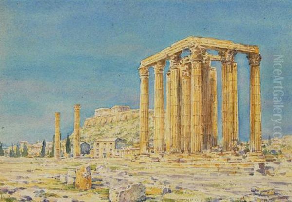 Temple Of Zeus, Olympius And Acropolis, Athens Oil Painting by Angelos Giallina