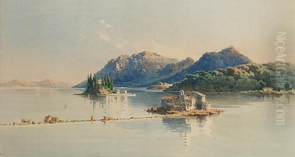 The Islands Of Pontikonissi And Vlacherna, Corfu Oil Painting by Angelos Giallina