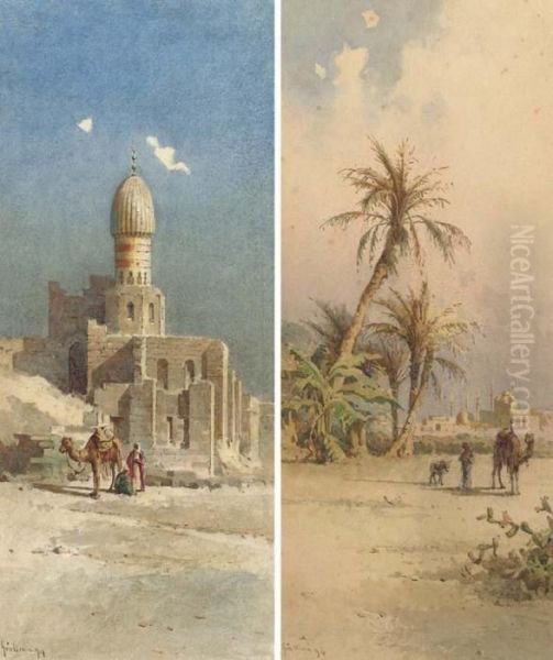 Mosques And Minarets In A Desert
 Town; And An Arab And Camel Beforea Mosque (both Illustrated) Oil Painting by Angelos Giallina