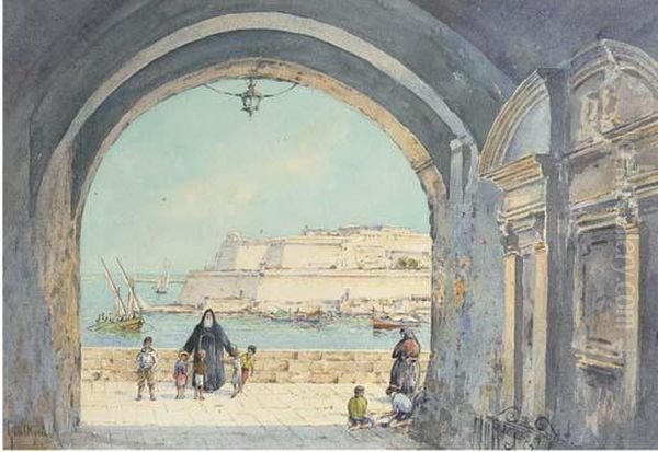 Figures On The Fortress Walls, Valetta, Malta Oil Painting by Angelos Giallina