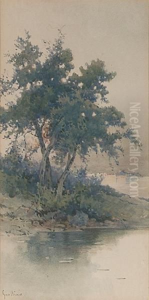 Trees By The Coast, A View Of Corfu Town Beyond Oil Painting by Angelos Giallina