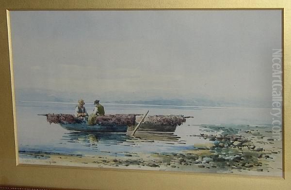 Fishermen In A Boat Mending Nets Oil Painting by Angelos Giallina