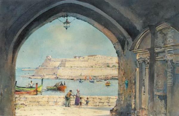 The Fortress By The Sea, Malta; And Travellers On Their Way Tovalletta, Malta Oil Painting by Angelos Giallina