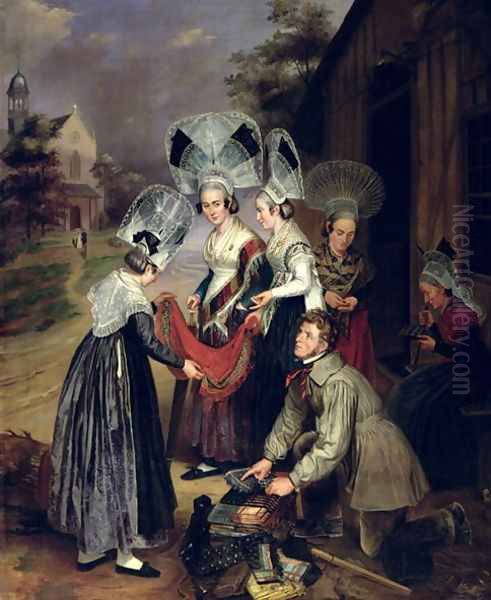 A Peddler Selling Scarves to Women from Troyes Oil Painting by Henri Valton