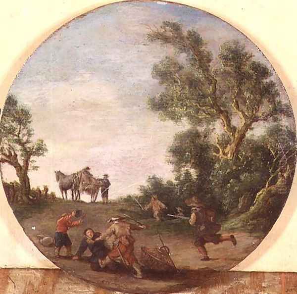 Brigands attacking a traveller on a track by a wood Oil Painting by Esaias II van de Velde