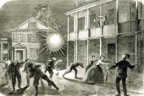 The Federals shelling the City of Charleston Shell bursting in the streets in 1863 Oil Painting by Frank Vizetelly