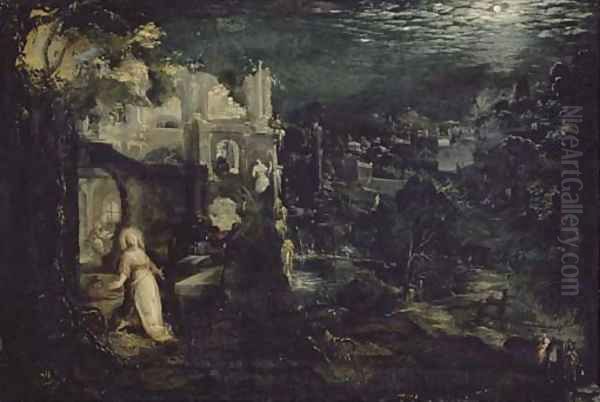 A moonlit landscape with classical ruins and the Penitent Magdalen Oil Painting by Gillis van Valckenborch