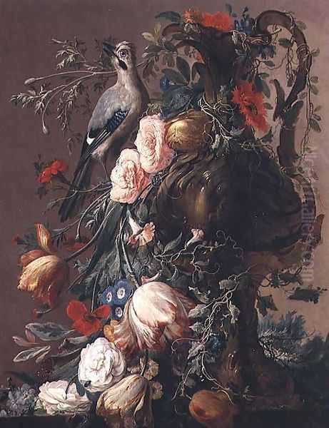 A Sculpted Stone Vase with Roses, Auricula, Poppies, Convulvulus, with a Jay on a Ledge, 1760 Oil Painting by Jacobes Vonck