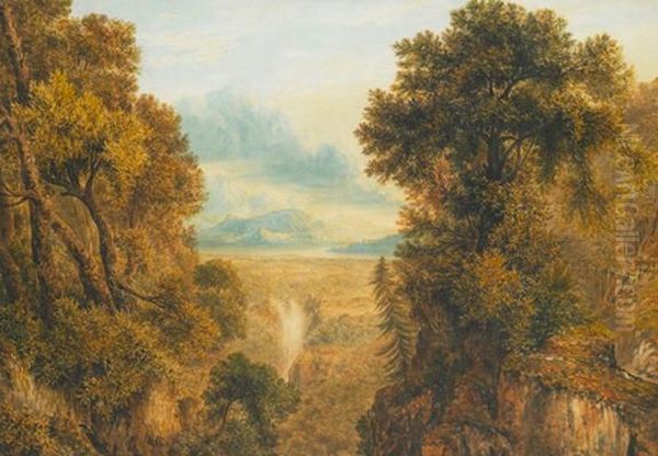 A Capriccio Wooded Landscape With Water Fall Watercolour On Paper 49 By 70 Cm Oil Painting by John Glover