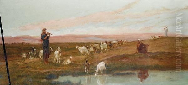 Figures And Goats By An Oasis Oil Painting by Frederick Goodall