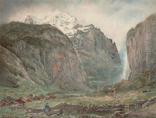 Lauterbrunnen Valley With Staubbach Falls And The Jungfrau, Switzerland Oil Painting by Harry Goodwin