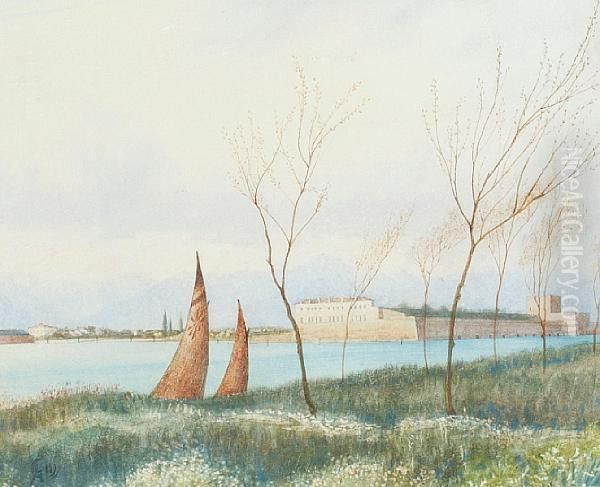 Lake Landscape With Imposing 
Buildings On The Banks, And Cypress Trees And Mountains Beyond Oil Painting by Harry Goodwin