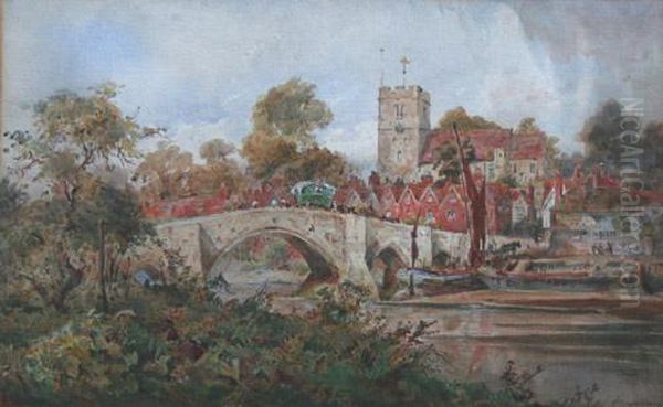 View Of A Village And Bridge From The Bank Of A River Oil Painting by Sidney Paul Goodwin