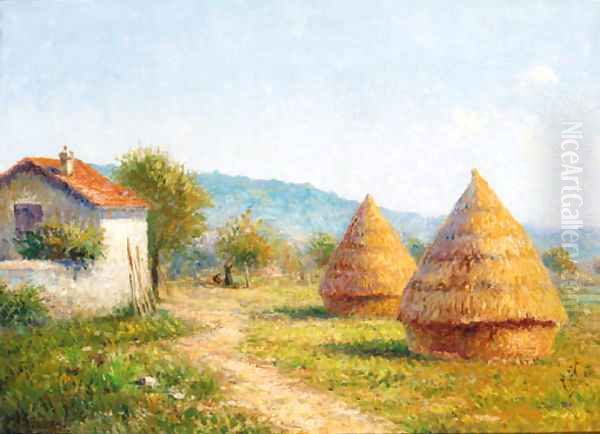 Haystacks on a summer's day Oil Painting by Victor-Alfred-Paul Vignon