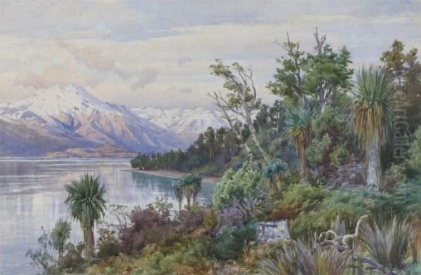 New Zealand View With Palm Trees By A Lake And Mountains Beyond Oil Painting by John Gully