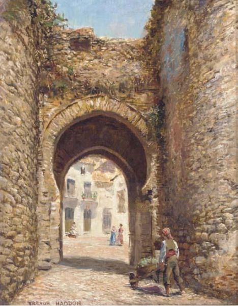 A Sunlit Courtyard Through An Archway Oil Painting by Arthur Trevor Haddon