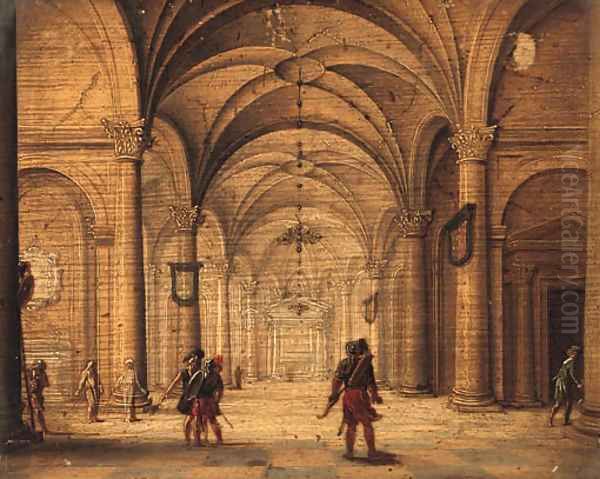 The Interior of a Cathedral with Soldiers in the foreground Oil Painting by Jan van Vucht