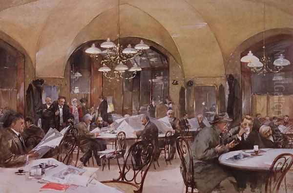 Cafe Griensteidl, Vienna, 1890 Oil Painting by Reinhold Volkel