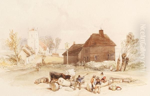 Harvesters Resting Outside An Inn Oil Painting by James Duffield Harding