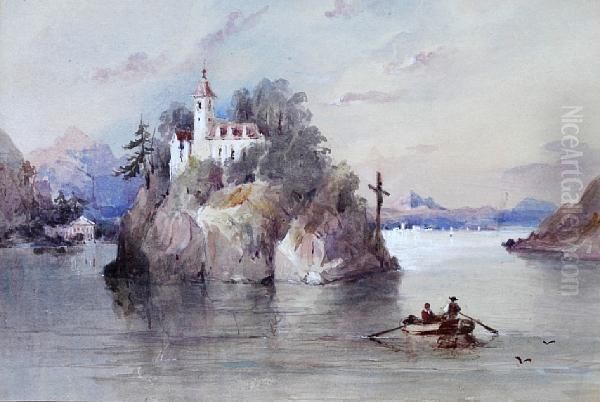 Continental Lake Scene, With Figures In A Rowing Boat Approaching An Island Oil Painting by James Duffield Harding