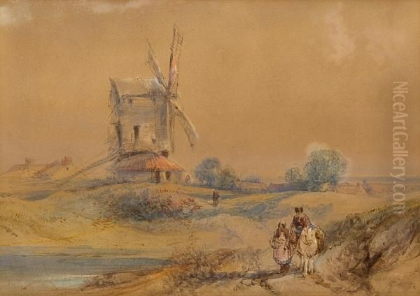 Figures On Path Before A Windmill Oil Painting by James Duffield Harding