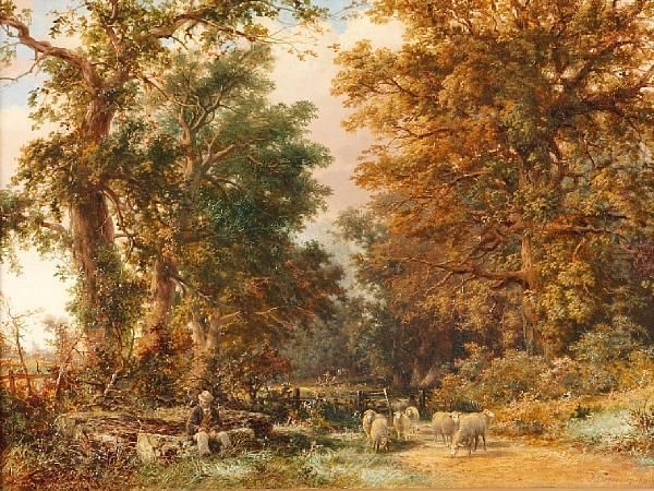 Woodland Clearing With Sheep And Farmer Resting Oil Painting by James Duffield Harding