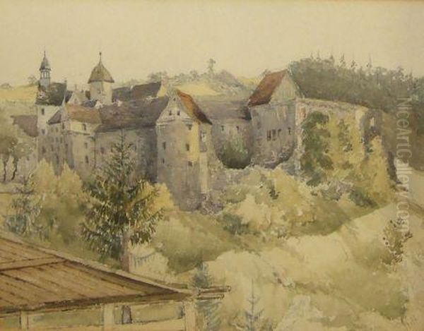 A Continental Hillside Castle Oil Painting by James Duffield Harding