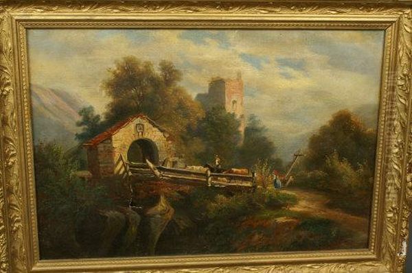 Entering The Village, Across An Old Bridge Oil Painting by James Duffield Harding