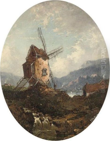 A Windmill Beside A Lake, In A Painted Oval Oil Painting by James Duffield Harding