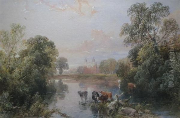 Cattle By A River A Chapel Beyond, Possibly Eaton College Chapel Oil Painting by James Duffield Harding