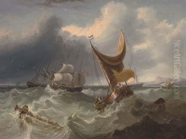 A Crowded Merchantman In The Channel Amidst Other Shipping Oil Painting by James Duffield Harding