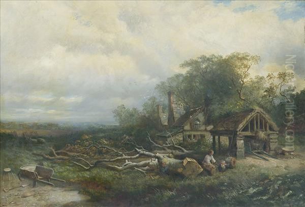 Harding, Childrenplaying By A Cut Tree In A Wooded Landscape Oil Painting by James Duffield Harding