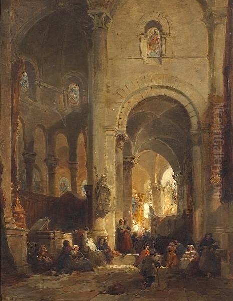 A Church Interior With Numerous Figures Oil Painting by James Duffield Harding