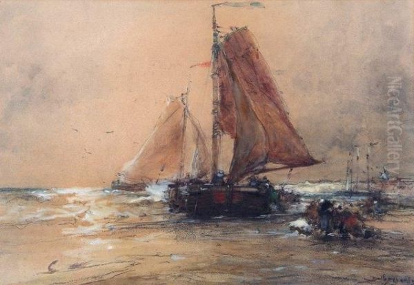 Fisher Folk And Sailing Vessels Off The Coast Oil Painting by Dudley Hardy