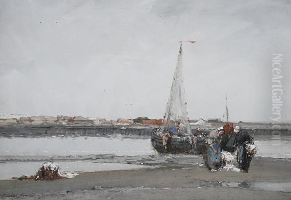 Unloading The Catch At Low Tide Oil Painting by Dudley Hardy