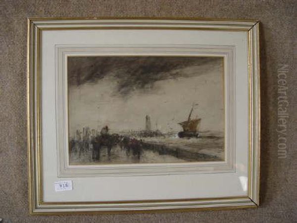 Harbour Scene Watercolour Signed In Bottomright Corner Oil Painting by Dudley Hardy