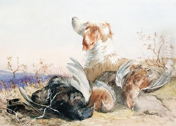 A Spaniel With Three Grouse Oil Painting by James Jnr Hardy