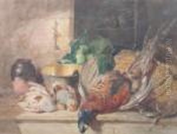 A Still Life With Dead Pheasant, Partridges, Brass Pan And Jar On A Tabletop Oil Painting by James Jnr Hardy