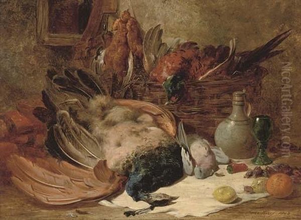 A Peacock, Pigeon, Pheasant In A Basket, With A Jug, Glass And Fruit To The Side Oil Painting by James Jnr Hardy