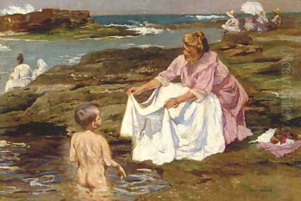 Mother and Child at the Beach Oil Painting by Julio Vila y Prades