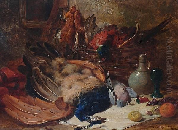 A Still Life Of A Peacock, Pigeon, Pheasant And Grouse, With A Pitcher And Fruit. Oil Painting by James Jnr Hardy