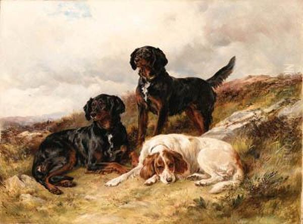 Three Setters In A Landscape Oil Painting by James Jnr Hardy